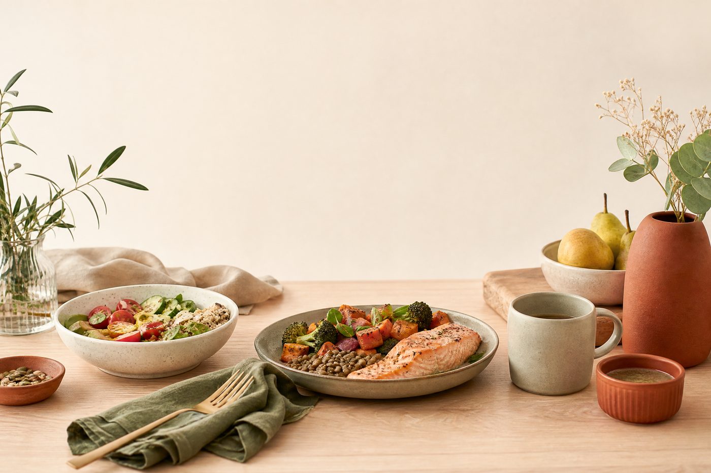 Portada del plan: mesa con salmón, lentejas, ensalada fresca y fruta — comida real de SIN MIEDO.